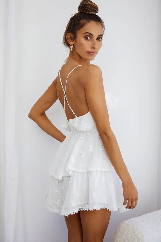 Tameka Ruffle Trim Layered Hem Eyelet Dress White