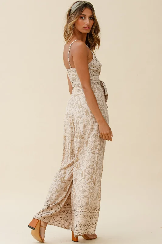 Taylor V-Neck Split Wide Leg Jumpsuit Stencil Print Mocha