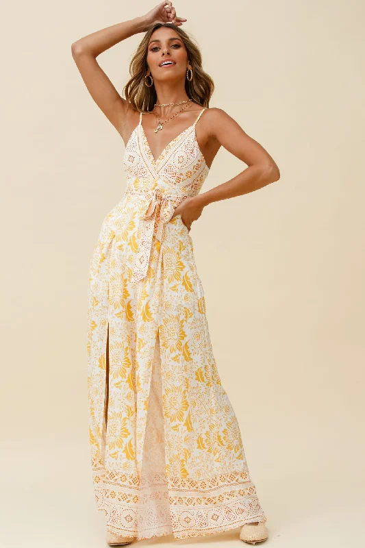 Taylor V-Neck Split Wide Leg Jumpsuit Stencil Print Yellow