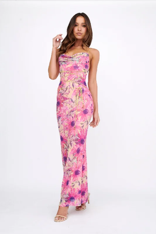 Teava Laced Waist Maxi Dress Flower Pink