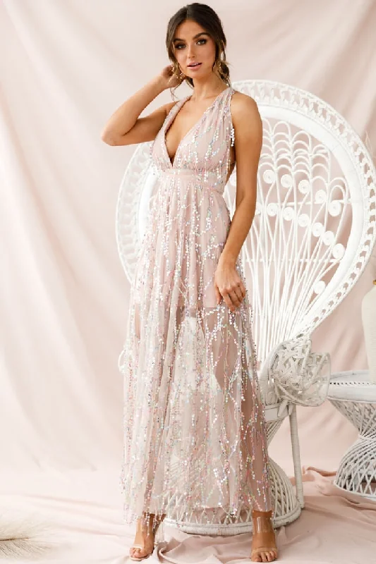 Tiara Sequin Maxi Dress Pink Champagne