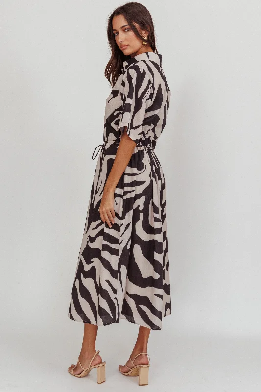 Tiki Boxy Sleeve Print A-line Midi Dress Beige