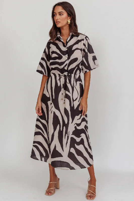 Tiki Boxy Sleeve Print A-line Midi Dress Beige