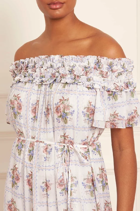 Tiled Blooms Chiffon Off-Shoulder Ankle Gown