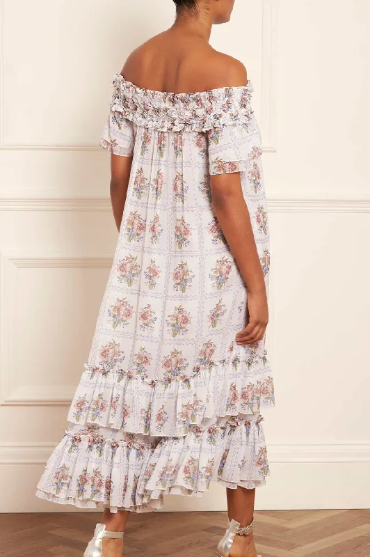 Tiled Blooms Chiffon Off-Shoulder Ankle Gown