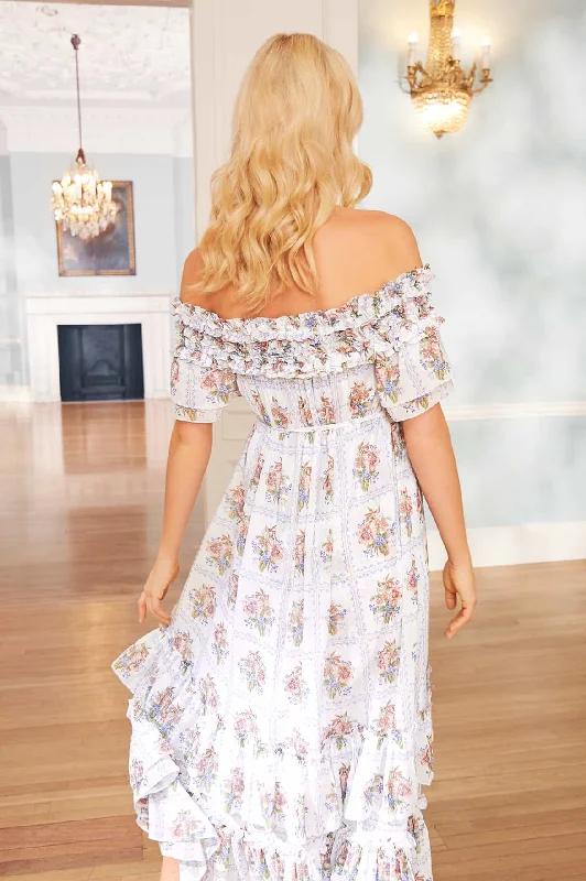 Tiled Blooms Chiffon Off-Shoulder Ankle Gown