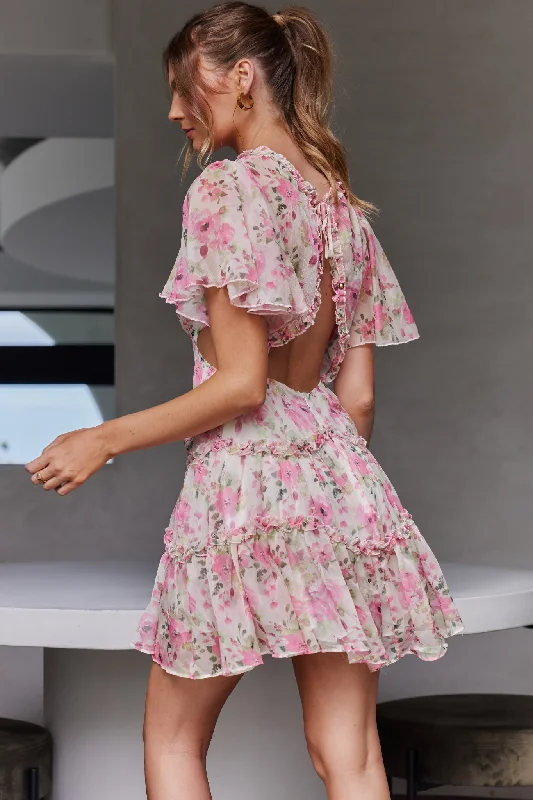 Tres Chic Flutter Sleeve Cut-Out Dress Floral Pink