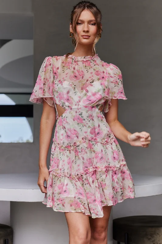 Tres Chic Flutter Sleeve Cut-Out Dress Floral Pink