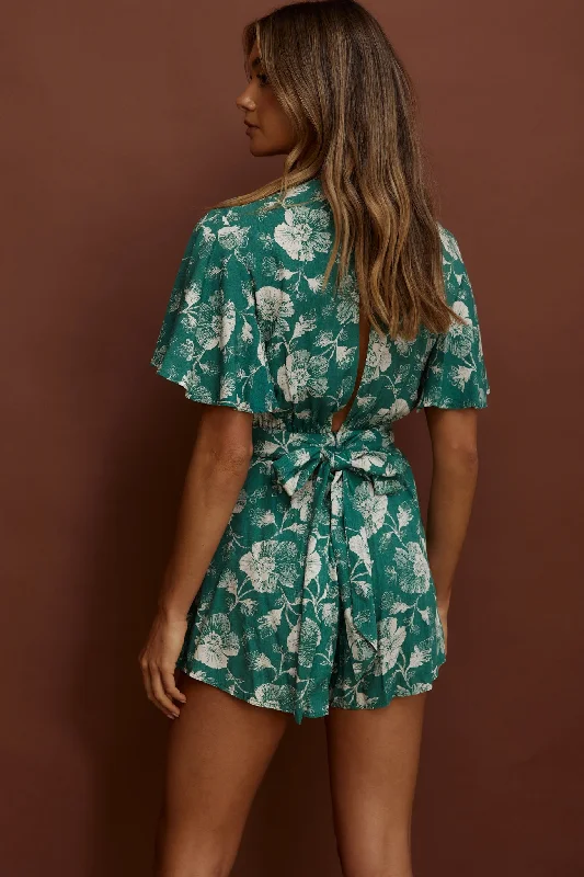 Unconditional Plunging Wrap Style Romper Floral Green