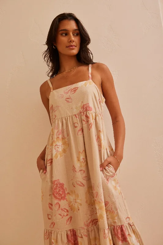 Venus Natural Flower Strappy Tiered Maxi Dress