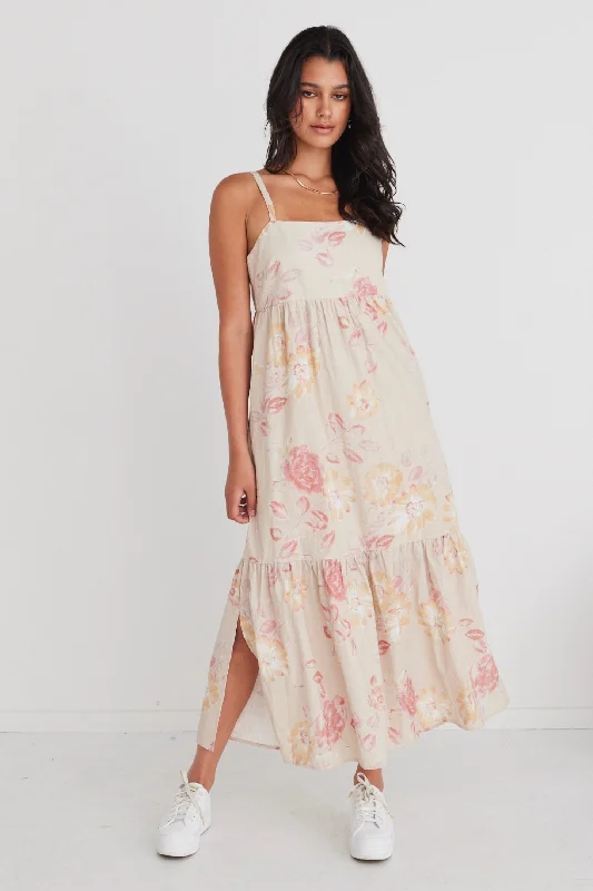 Venus Natural Flower Strappy Tiered Maxi Dress