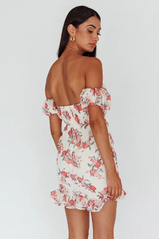 Verona Off-Shoulder Gathered Mini Dress Floral Red