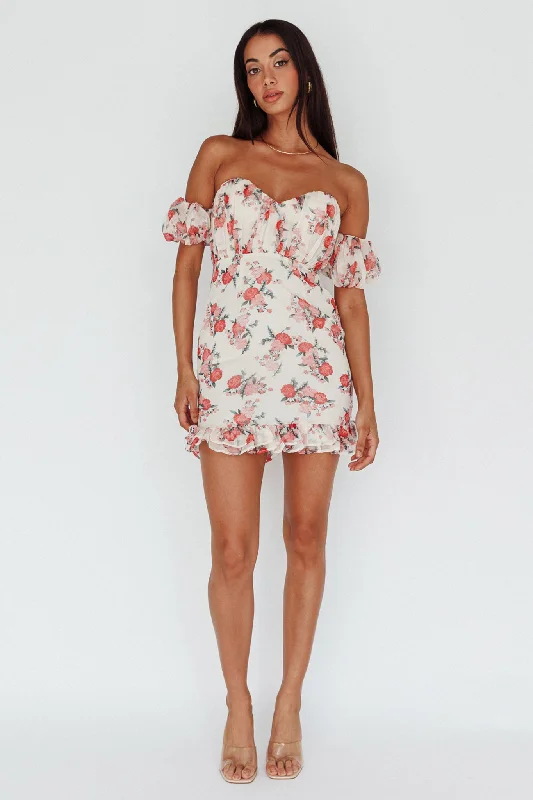 Verona Off-Shoulder Gathered Mini Dress Floral Red