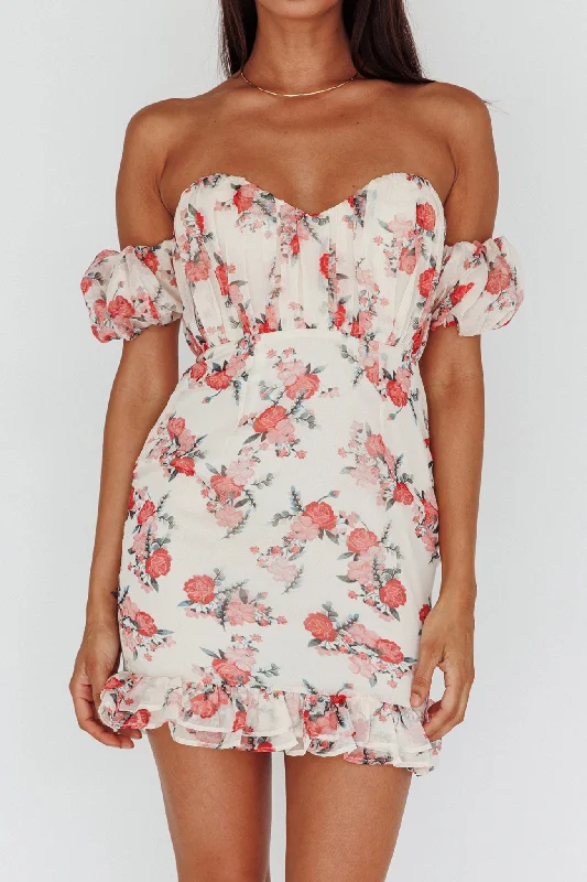 Verona Off-Shoulder Gathered Mini Dress Floral Red