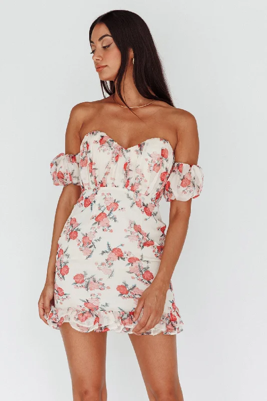 Verona Off-Shoulder Gathered Mini Dress Floral Red