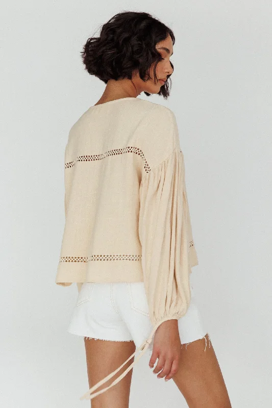 Waltz Long Sleeve Embroidery Trim Top Wheat