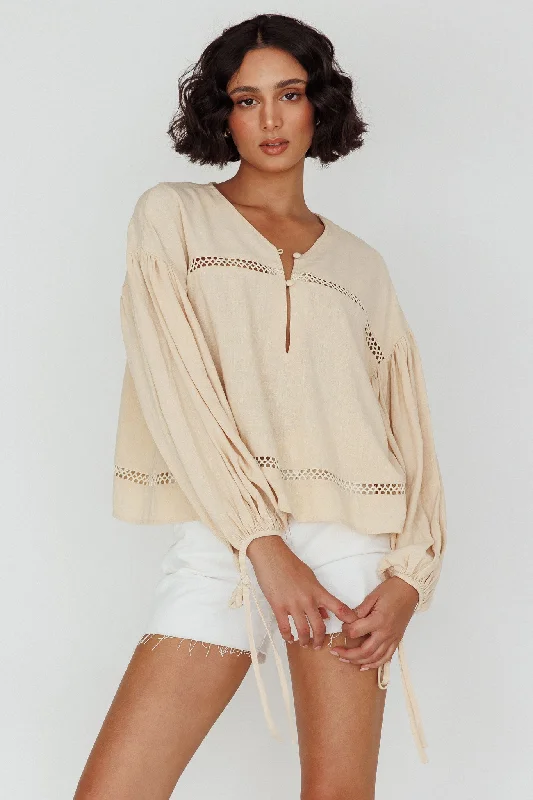 Waltz Long Sleeve Embroidery Trim Top Wheat