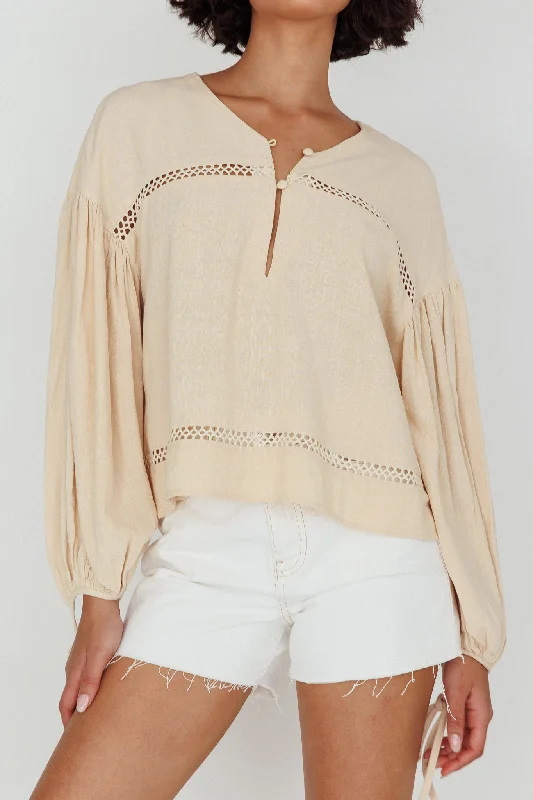 Waltz Long Sleeve Embroidery Trim Top Wheat