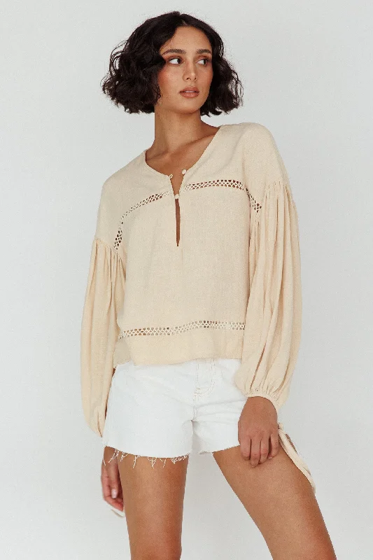 Waltz Long Sleeve Embroidery Trim Top Wheat