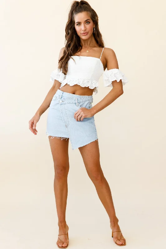 Wayside String Tie Strap Lace Trim Crop Top White