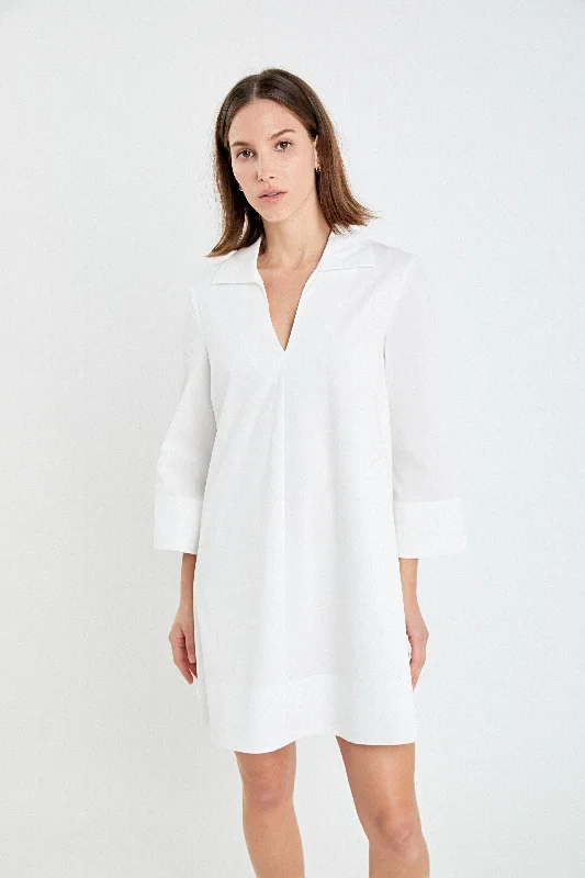 White A Line Kaftan Poplin Collar Dress