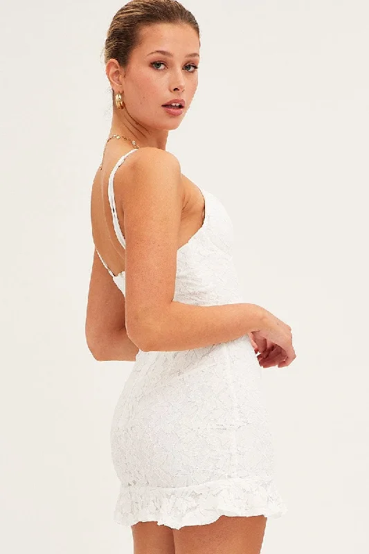 White Bodycon Dress Sleeveless Mini V-Neck Lace