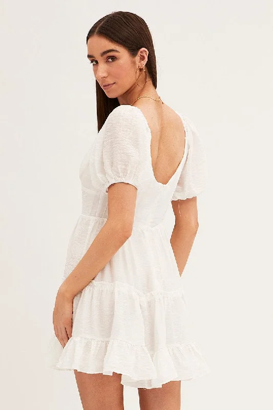 White Fit And Flare Dress Puff Sleeve Sweetheart Neck