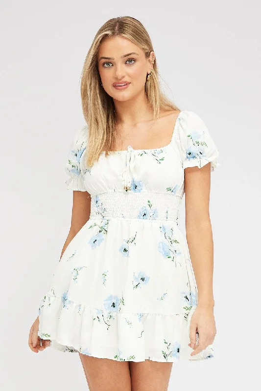 White Floral Fit And Flare Dress Puff Sleeve Mini