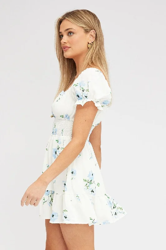 White Floral Fit And Flare Dress Puff Sleeve Mini