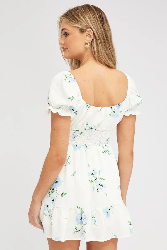 White Floral Fit And Flare Dress Puff Sleeve Mini