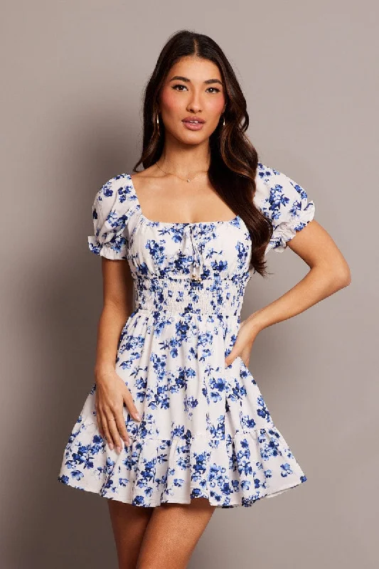 White Floral Fit And Flare Dress Puff Sleeve Mini