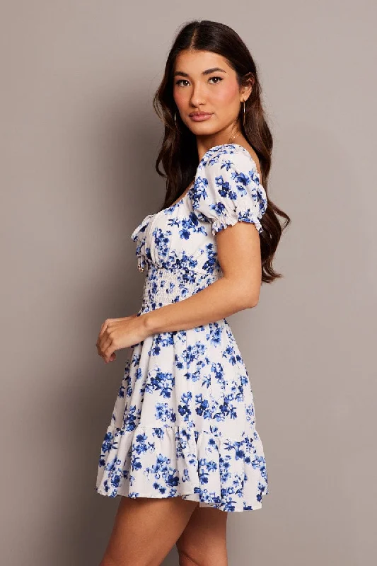 White Floral Fit And Flare Dress Puff Sleeve Mini