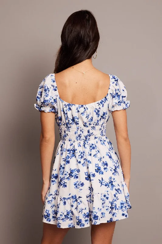 White Floral Fit And Flare Dress Puff Sleeve Mini