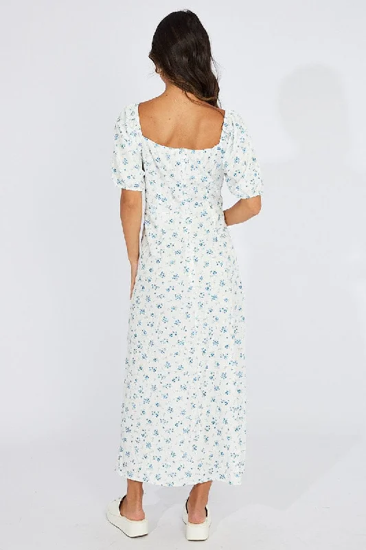 White Floral Midi Dress Puff Sleeve