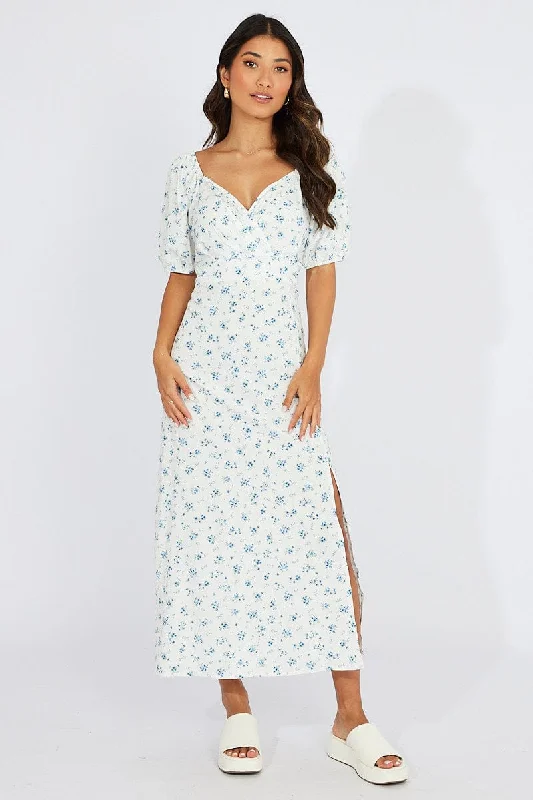 White Floral Midi Dress Puff Sleeve