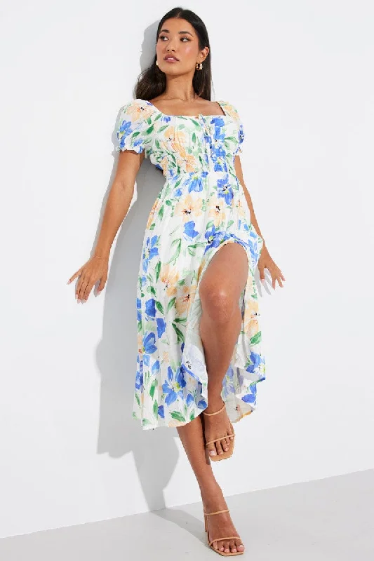 White Floral Midi Dress Short Sleeve Ruched Bust