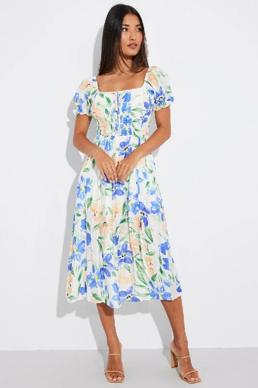 White Floral Midi Dress Short Sleeve Ruched Bust