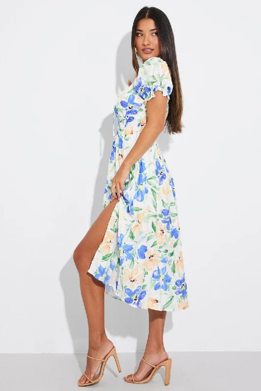 White Floral Midi Dress Short Sleeve Ruched Bust