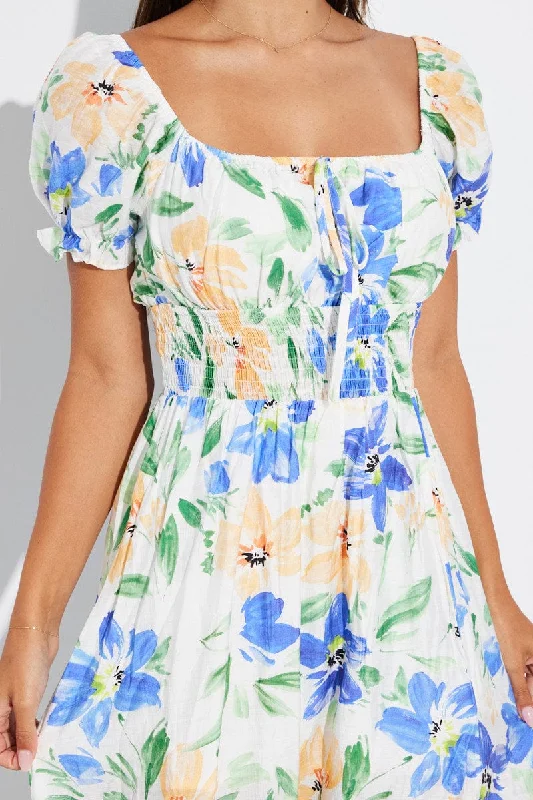 White Floral Midi Dress Short Sleeve Ruched Bust