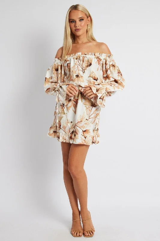 White Floral Off Shoulder Dress Balloon Sleeve Skater Dress