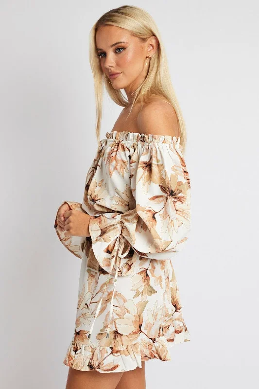 White Floral Off Shoulder Dress Balloon Sleeve Skater Dress