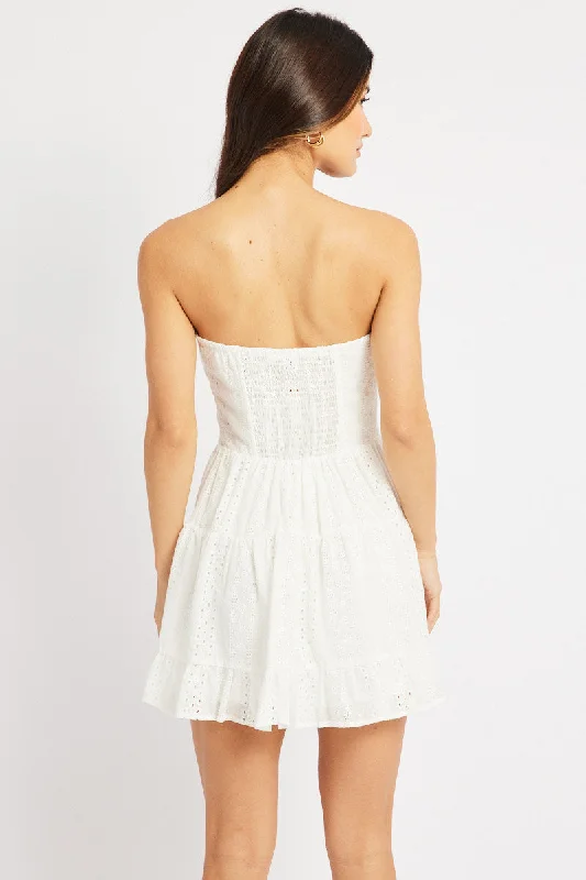 White Strapless Mini Dress Eyelet Fabric