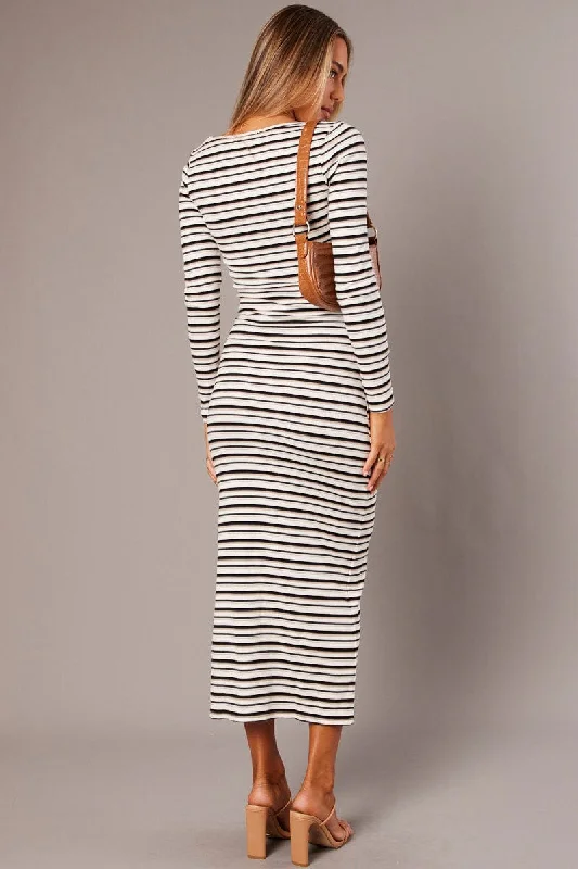 White Stripe Bodycon Dress Long Sleeve