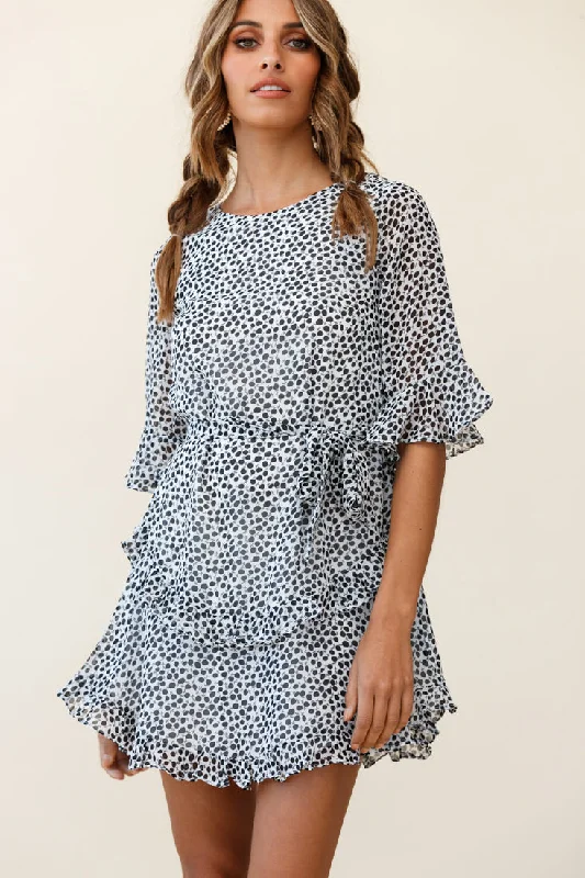 Wife Me Crew Neck Ruffle Insert Dress Polka Dot Black