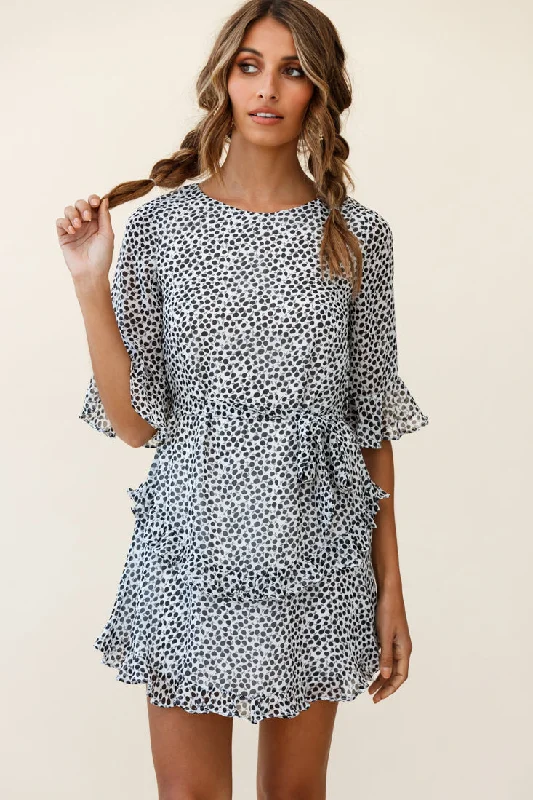 Wife Me Crew Neck Ruffle Insert Dress Polka Dot Black