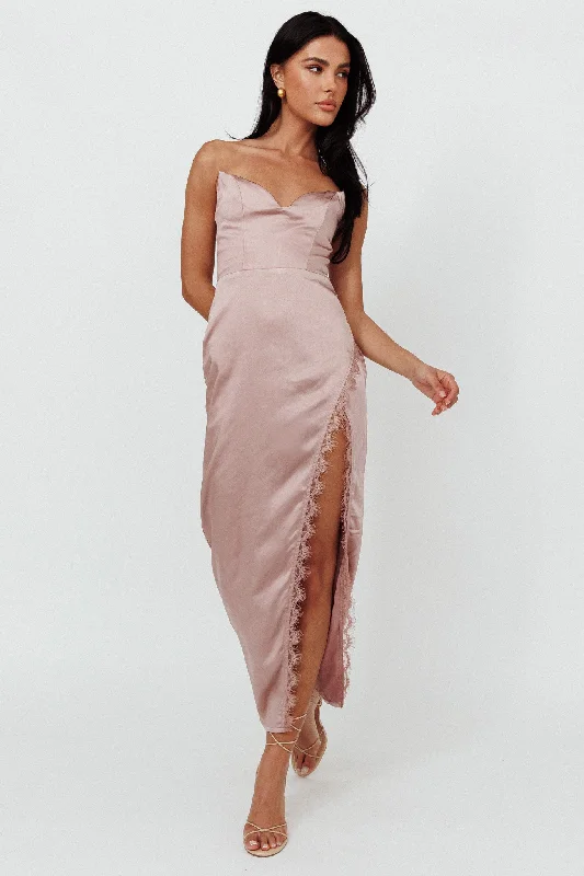 Winter Moon Strapless Lace Trim Midi Dress Dusty Pink