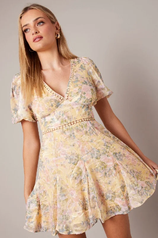 Yellow Floral Fit And Flare Dress Puff Sleeve Mini