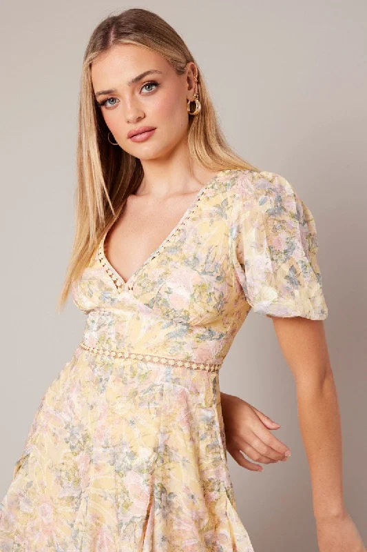 Yellow Floral Fit And Flare Dress Puff Sleeve Mini