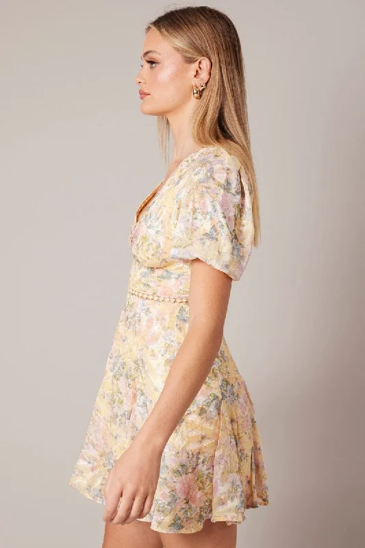 Yellow Floral Fit And Flare Dress Puff Sleeve Mini