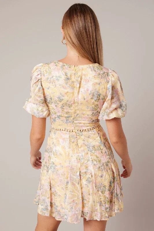 Yellow Floral Fit And Flare Dress Puff Sleeve Mini